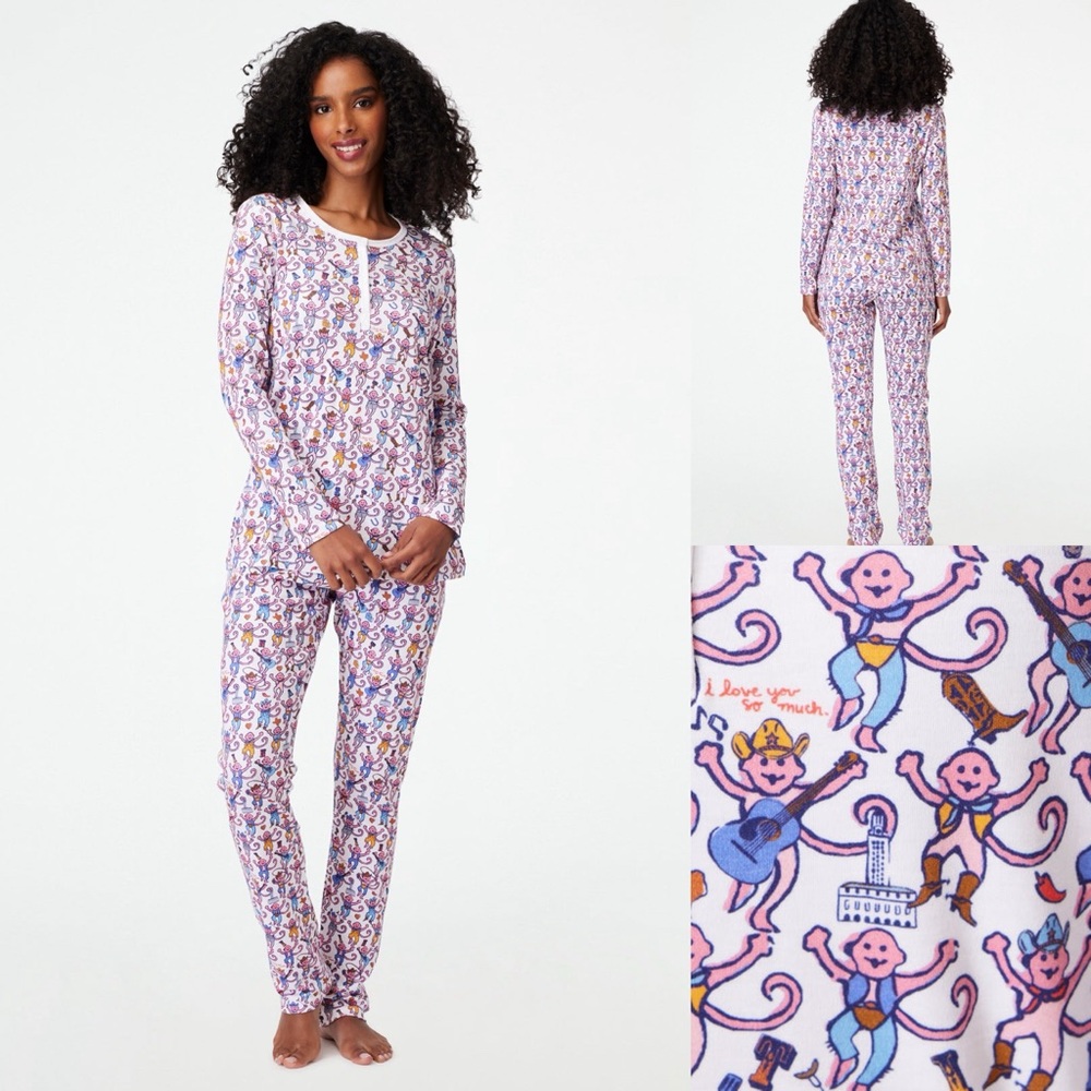 Roller Rabbit Womens Cotton Austin Texas Monkey Long Sleeve Pant Pajamas Size XL